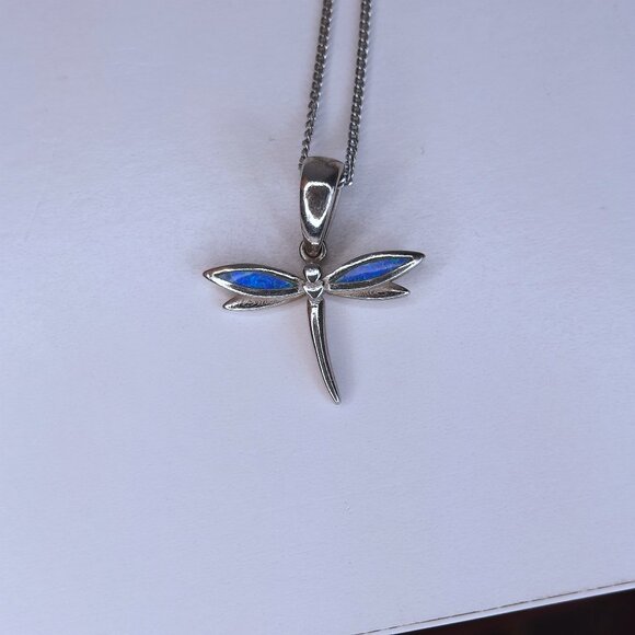 925 Silver Dragonfly Necklace Pendant and 18" Chain Made in Italy, Blue EUC - Picture 1 of 7